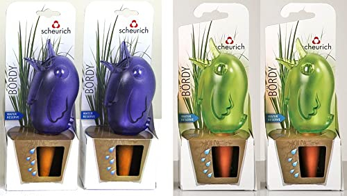 Scheurich Wasserspender Bördy S | 4er Set Lila/Grün | 90 ml Füllmenge | Bewässerungskugel klein mit Ton Fuß | Wasserspender Pflanzen und Blumen Terrakotta Stiel