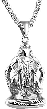 PAURO Herren Edelstahl Ganesha Elefanten Gott des Erfolgs Glückliche Anhänger Halskette Vintage Silber