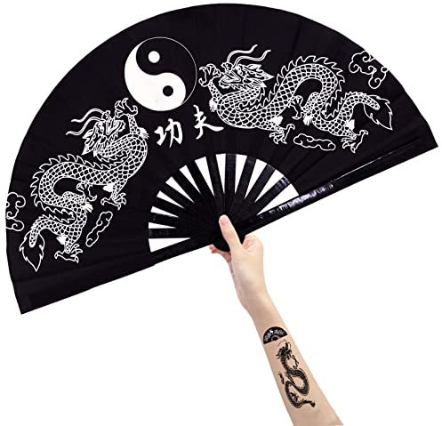 Amajiji Large Rave Folding Hand Fan for Men/Women, Chinese Japanese Kung Fu Tai Chi Handheld Fan Performance Fan Festival Gift Fan Craft Fan Folding Fan Dance Fan (Black Dragon)