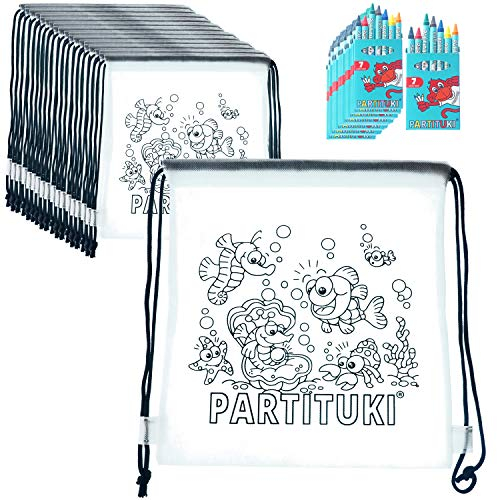 Partituki Gadget Compleanno Bambini 20 Zaini da Colorare e 20 Set di 5 Pastelli a Cera Colorati. Regalini Pignatta Compleanno Bambini. Con Certificato CE di Non Tossicità