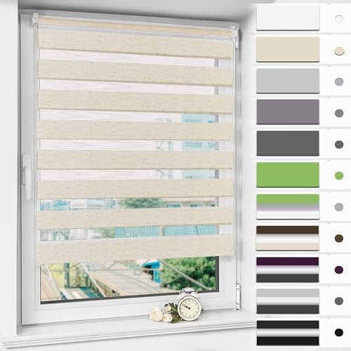 Magiea Doppelrollo Klemmfix ohne Bohren & mit Bohren, Leinen B50 x H120 cm Stoffbreite 46 cm, Klemmrollo lichtdurchlässig und Blickdicht, Fensterrollo Sonnenschutzrollo für Fenster