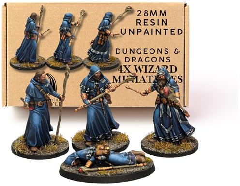 Grinning Gargoyle - DND Miniatures Wizards 4 Pack - 28mm Resin Tabletop Fantasy RPG Miniatures - Paintable Player Character Fantasy Figures with Amazing Detail - DnD Minis (Wizard)