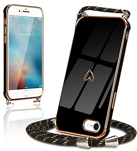Micoden Handykette für iPhone SE2022,iPhone 7,iPhone 8,iPhone SE2020 Hülle Ultra dünn Kameraschutz Herz Love Design Galvanik Silikon Bumper Kordel zum Umhängen Handyhülle mit Band Schutzhülle,Schwarz