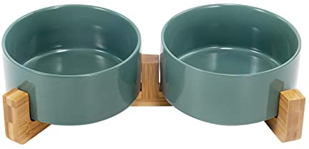 SPUNKYJUNKY Keramik Doppel Futternapf mit Bambus Ständer für Katzen und Hunde (850ml, Grün)