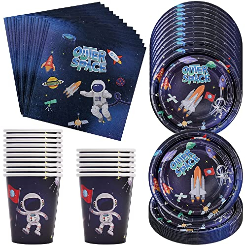 MEZHEN Weltraum Partygeschirr Astronaut Kindergeburtstag Deko Raumfahrer Geburtstag Party Geschirr Weltraum Pappteller Becher Servietten Partygeschirr Tischdeko