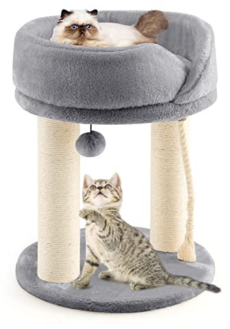 COSTWAY Petit Arbre à Chat Pas Cher 2 Poteaux en Sisal et Peluche Douce, Griffoir pour Chat avec Boule de Fourrure,43x43x53cm Charge 10kg pour Gratter Détendre Dormir, Montage Facile (Gris)