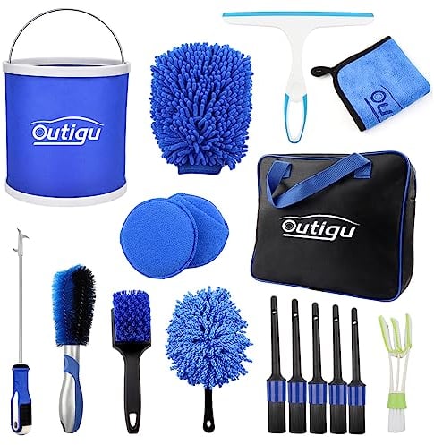 Outigu Professional Car Cleaning Kit, 17PCS Exterior and Interior Car Washing Products with Bag, Wheel Brush, Bucket, Air Vent Brush, Washing Gloves, Sponges, Window Scraper, Duster, Detail Brush (17)