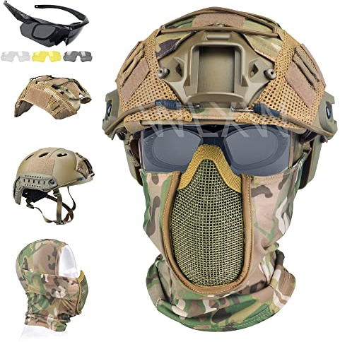 WLXW Airsoft Fast Helm Mit Abdeckung Half Mesh Mask Headgear PJ Type Tactical Multifunctional Protective NVG Mount for Paintball Multicam Military Outdoor Sports CS Game Shooting,Tan
