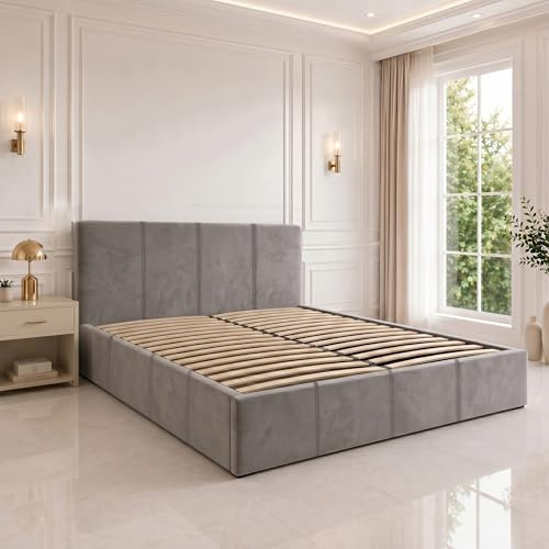SANA SLEEP 4FT Small Double Size Modern Selena Ottoman Gas Lift Storage Premium Fabric Bed - Grey