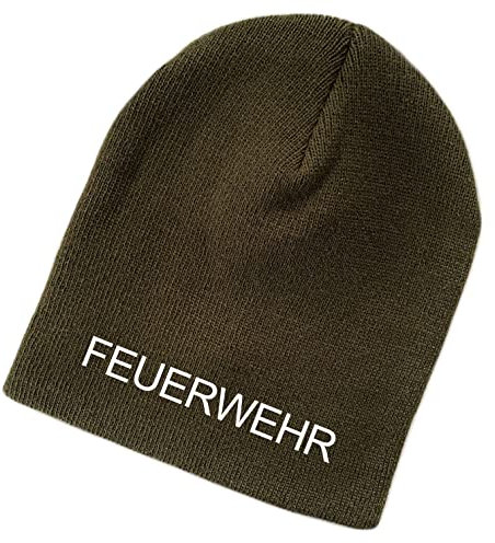 Schnoschi Olivgrüne Strickmütze (Beanie Mütze) mit Feuerwehr Bestickt für Herren, Damen, Jugendliche und Kinder