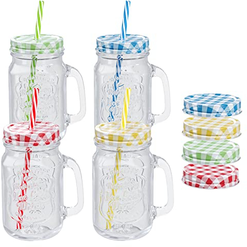 WELLGRO Trinkgläser Set bunt mit Deckel und Trinkhalm 500ml inkl. Ersatzdeckeln Mehrweg Cocktail Gläser Glasbecher, Stückzahl:4 Stück