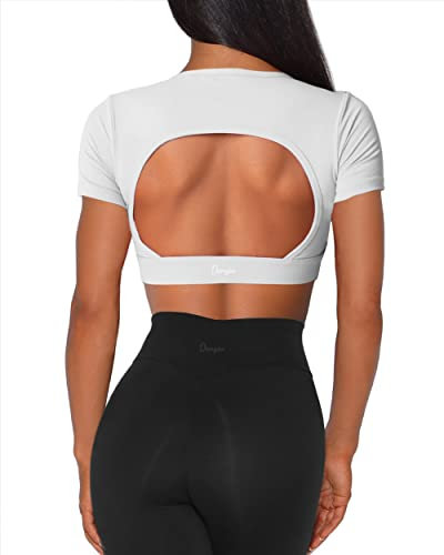 Danysu Sport Crop Top Damen Sport BH Rückenfreie Crop Workout Tops Kurzärmelige Sexy Bauchfreie Shirts Tee Yoga-BH Gymnastik-Kleidung Prinzessin Weiß L