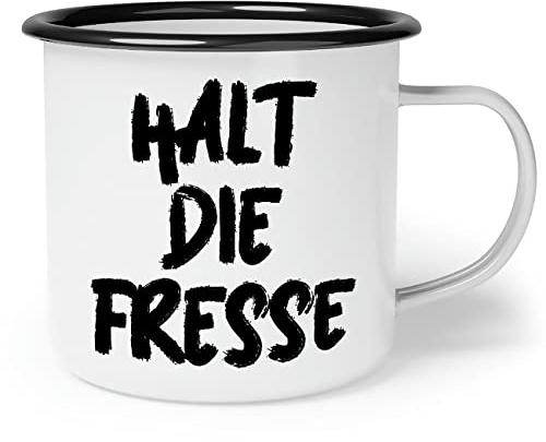 OM3® lustige Emaille-Tasse mit Spruch - Halt die Fresse - Statement | Emailletasse Emaille Becher | 12oz 300ml | Beidseitig Bedruckt | Weiß-Schwarz
