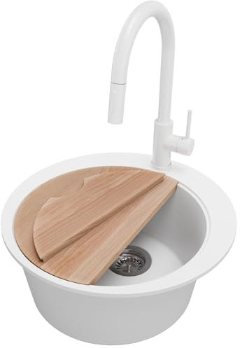 PRIMAGRAN Lavandino Rotondo Bianco 50x50cm, Lavello da Cucina a 1 vasca + Sifone Classico + Rubinetto 40x20cm + Tagliere, Lavabo da Cucina Incasso al mobile 45cm - Pise