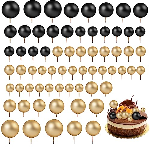 66 Pcs Black and Gold Cake Balls, 4 Size Ball Cake Toppers, Foam Black and Gold Cakes Decorations, Balloon Cakes Topper for Decorating Birthday Party Wedding Anniversary Baby Shower Supplies