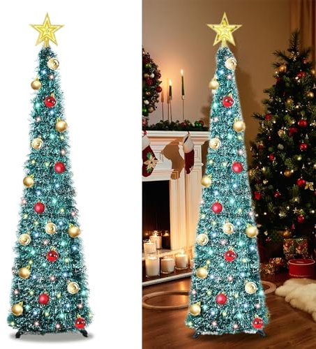 Árboles de Navidad artificiales plegables con luces y 30 bolas coloridas, árbol de Navidad de 1,5 m con soporte, con espumillón y purpurina para decoración navideña (azul con bolas)