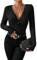 GORGLITTER Women's Ripped Knit Twist Front Bodysuit Jumpsuit Deep V Neck Long Sleeve Tops Casual Fitted T Shirts Black L