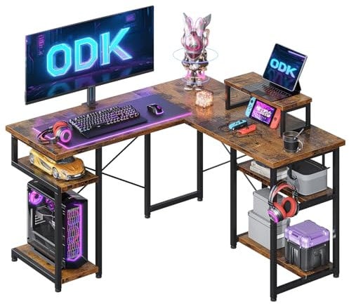 ODK Corner Desk with Storage, L Shaped Desk with Hook, Computer Gaming Table with Monitor Stand, Vintage Brown 128×120 cm