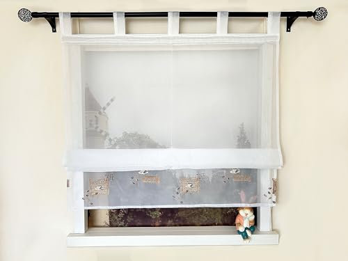 Devola Raffrollo mit Kaffeemotiv Raffgardinen Modern Küche Schlaufenrollo Weiß Küchengardinen mit Schlaufen Fenstergardinen Transparent HxB 140x80cm 1 Stück
