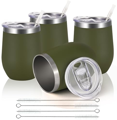 Joymaking Reusable Coffee Cup, Double Walled -Insulated Travel Mug Vacuum Stainless Steel Wine Tumbler with Spill Proof Lid, Great for Hot Cold Drinks Coffee Wine, 4 Piece Set 12 Oz Army Green