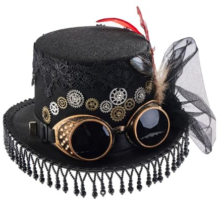 SELiLe Steampunks Zylinderhut, Unisex, Vlies, viktorianischer Hut mit Brille, Unisex, Kostüm-Hut, coole Hippie-Hut, Halloween-Kopfbedeckung, Kostüm-Hut für Halloween