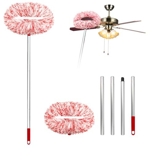 Ceiling Fan Cleaner Duster, Reusable Washable Microfiber Ceiling Fan Blade Cleaner with 57‘’ Extendable Long Handle Ceiling Fan Cleaning Tool for Ceiling Fan Furniture Door Window Wall (Red White)