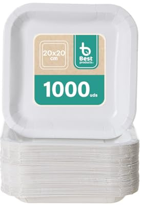 BEST PRODUCTS 1000 Platos Desechables | Cartón Ecológicos Biodegradables Compostables y Reciclables | Para Fiestas Cumpleaños Comuniones o Eventos | Cuadrados Llanos 20x20cm