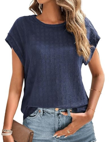 SYKT Tops for Women Trendy Summer Casual Cap Short Sleeve Basic Textured Solid Color Round Neck T Shirts Blouse Blue