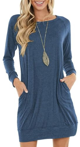 PrinStory Damen Langarm Kleider Pulloverkleid Für Damen Rundkragen Tunika Kleid Sweatshirtkleid Mit Taschen Strickkleid (Blau, L)
