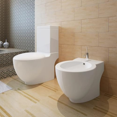 qohoio Stand Toilet & Bidet Set White Ceramic,Close Coupled Bathroom Toilet Modern Ceramic Space Saving Oval Pan Soft Close Seat