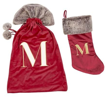 Celebright Matching Christmas Sack and Stocking Set with Embroidered Letter 'M' - Festive Holiday Décor for a Memorable Celebration - Faux Fur - Red