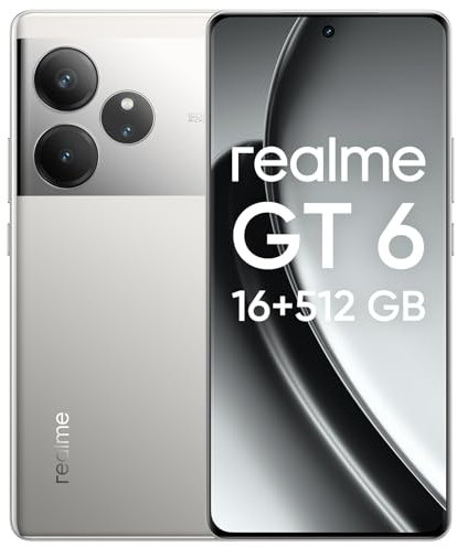 realme GT6 Smartphone, 5G móvil 16+512 GB, Snapdragon 8s Gen 3, Pantalla Ultra Brillante de 6000nit, 50MP+50MP+8MP Cámara, teléfono, 5500mAh Batería, sin Adaptador, Plata Fluido