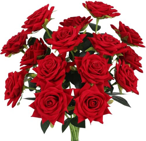 Floweroyal 15PCS Red Roses Artificial Flowers 4.33 Velvet Flowers with Long Stem Fake Roses for Valentine's Day, Wedding Bridal Bouquets, Floral Arrangement, Table Centerpieces, Home Decorations