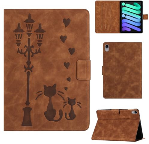Rosbtib Custodia per iPad mini 7 2024 7 Generazione (A17 Pro)/iPad mini 6 2021 6 Generazione 8.3 Custodia protettiva in ecopelle con supporto, stampa di una coppia di gatti sotto il lampione, Marrone