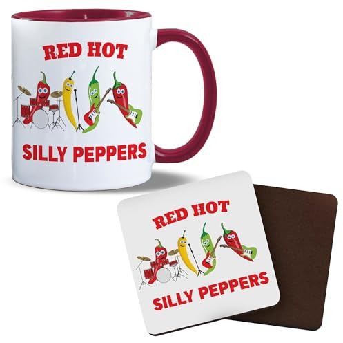 Red Hot 'Silly' Peppers | Funny Gift Idea Cup Tea Coffee | 11oz Red Inner/Handle Mug Set