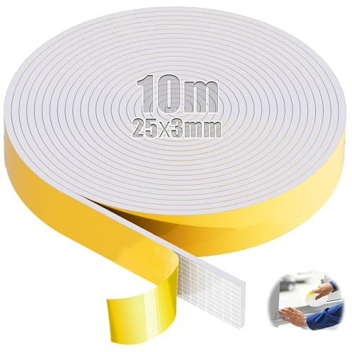 SWTYExt Moosgummi Selbstklebend 25mm(B) x3mm(D) Schaumstoffband 10m Weiß | Vorlegeband, Dichtband, Türdichtung, Dichtungsband, für Fensterfugen, Schranktürkanten, Kochfelder