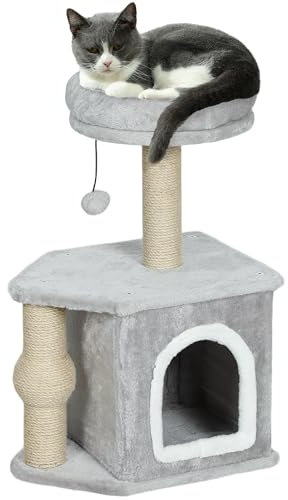 PawHut Rascador para Gatos Altura 66 cm Árbol para Gatos Torre de Escalada con Cama Cueva Plataforma Bola Colgante y Poste de Yute Gris Claro