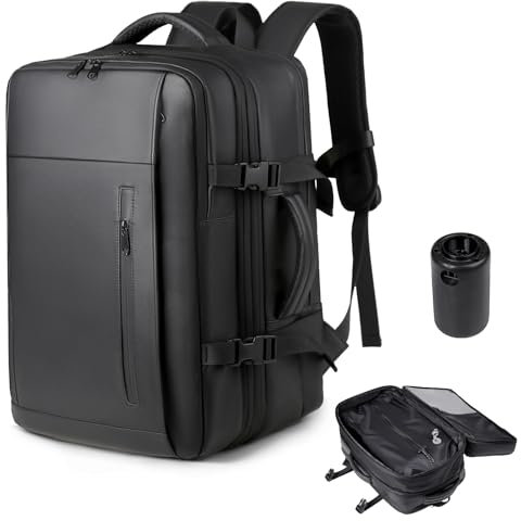 Travel Backpack with Vacuum, Large Travel Backpack Air Compression with Pump, 35L-55L Expandable Carry On Bag for Men Women, Checked Bag Cabin Size 45x36x20cm - Black
