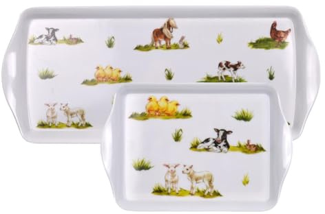 Set of 2 Serving Trays - Afternoon Tea Coffee Cake Drinks Food Snack Breakfast Board - Easy to Carry, Reusable Platter 21 x 14 x 2.5cm, 38.5 x 17 x 2.5cm - Countryside Farm Yard Animals