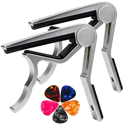 Kapodaster für Akustik- und E-Gitarren, Akustikgitarre, Kapodaster für Akustikgitarre, 6 Saiten, 2 Packungen mit 5 Plektren (Silber)