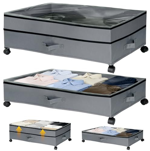 aleawol 2 Pack Under Bed Storage with Wheels, 91L Large Underbed Storage Drawers with Zippered Lid and Label, Adjustable Height Rolling Under Bed Storage Organizer Boxes for Clothes Toys Shoes