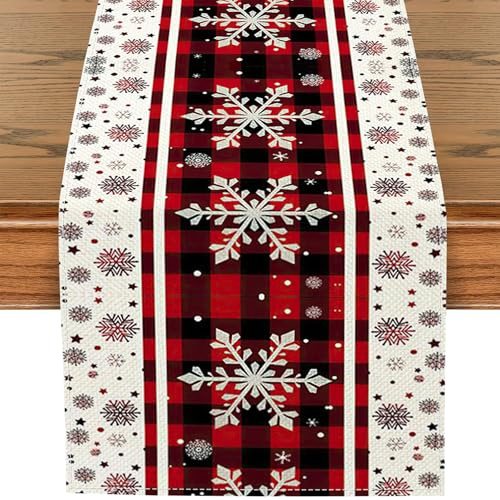 Weihnachten Tischläufer, Schneeflocke Weihnachts Tischläufer Rot, Schneeflocken Weihnachtsläufer Tisch, Weihnachtstischdecke Läufer für Winter Weihnachten, Winter Küche Tisch Dekoration 33x183cm