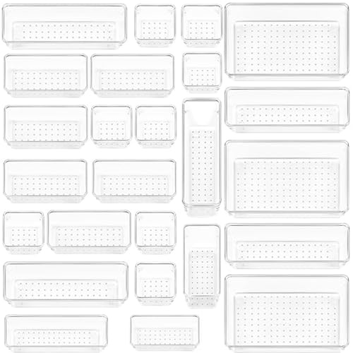 Tbintul Organizer Cassetti 25 Pezzi, 4 dimensioni, Contenitori per cassetti in Plastica Trasparente Divisori per Cassetti Impilabili per Bagno, Cucina, Trucchi, Scrivania