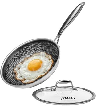 XBM Honeycomb Stainless Steel Nonstick Frying Pan with Lid 7 Inch, Induction Cooktop Compatible Skillet, PFOA-Free Scratch-Proof, Dishwasher & Oven Safe, Stay-Cool Handle, Silver Kitchen Cookware