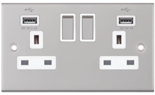 Lettuce Eat® Satin Chrome 2 Gang 13A Screwless Switched Sockets with Fast Charging 2 USB Charging Ports and White Inserts Socket Plug (1)