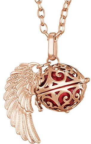 Morella Halskette Damen roségold Edelstahl 70 cm mit roségoldenem Anhänger Engelsflügel und Klangkugel rot Ø 16 mm in Schmuckbeutel