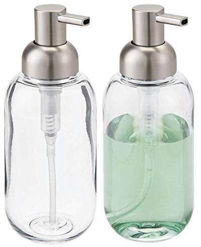 mDesign 2er-Set Seifenspender wiederbefüllbar – runder Pumpseifenspender aus Kunststoff – optimal für Küche oder als Badzubehör mit ca. 385 ml Füllmenge – durchsichtig/mattsilberfarben