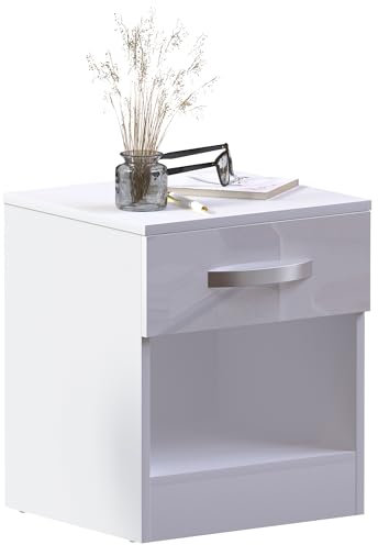Vida Designs High Gloss White Bedside Cabinet, 1 Drawer With Metal Handles and Runners, Unique Anti-Bowing Sturdy Drawer Support