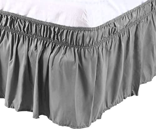 sourcing map Cache Sommier Jupe de Lit en Polyester Brossé Enroulé Autour de Trois Côtés en Tissu Volant Anti-poussière élastique 38cm de Chute Gris 137x190cm
