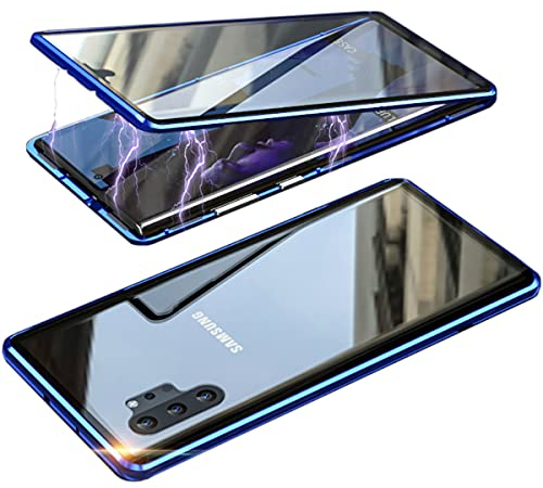 QiiStar Hülle für Samsung Galaxy Note 10 Plus Handyhülle,Magnetische Adsorption Metallrahmen 360 Grad Komplettschutz Hülle Vorne hinten Gehärtetes Glas Schutzhülle Einteiliges Flip Case - Schwarz